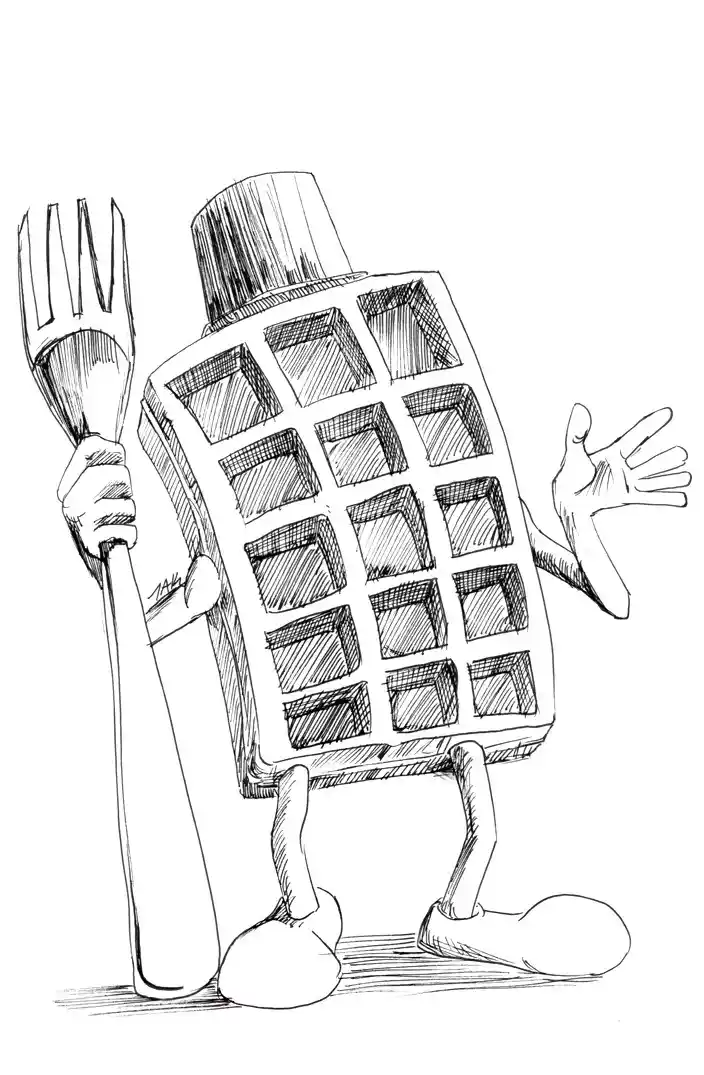 A black-and-white sketch shows an anthropomorphic waffle iron with arms, legs, and a top hat, holding a large fork in one…