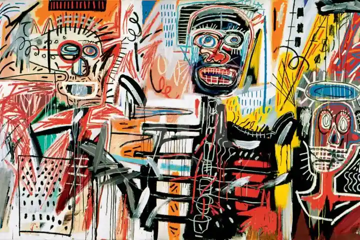 A colorful, abstract painting featuring three stylized, cartoonish human faces with exaggerated features and chaotic…