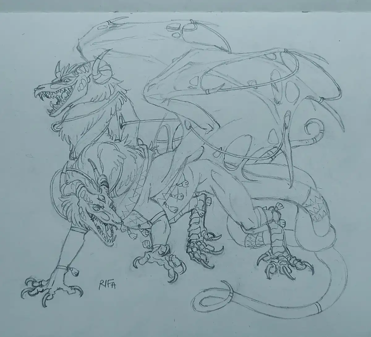 A pencil sketch on white paper depicts a large, multi-headed dragon with wings, claws, and a long tail, drawn in a dynamic…