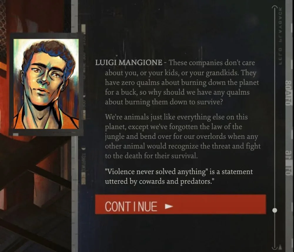 A screenshot from a video game or interactive story shows a portrait of Luigi Mangione on the left, with a block of text on…