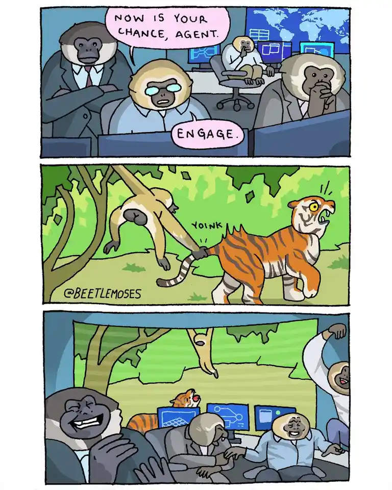 A three-panel comic strip featuring anthropomorphic monkeys in a control room. In the first panel, a monkey agent is…