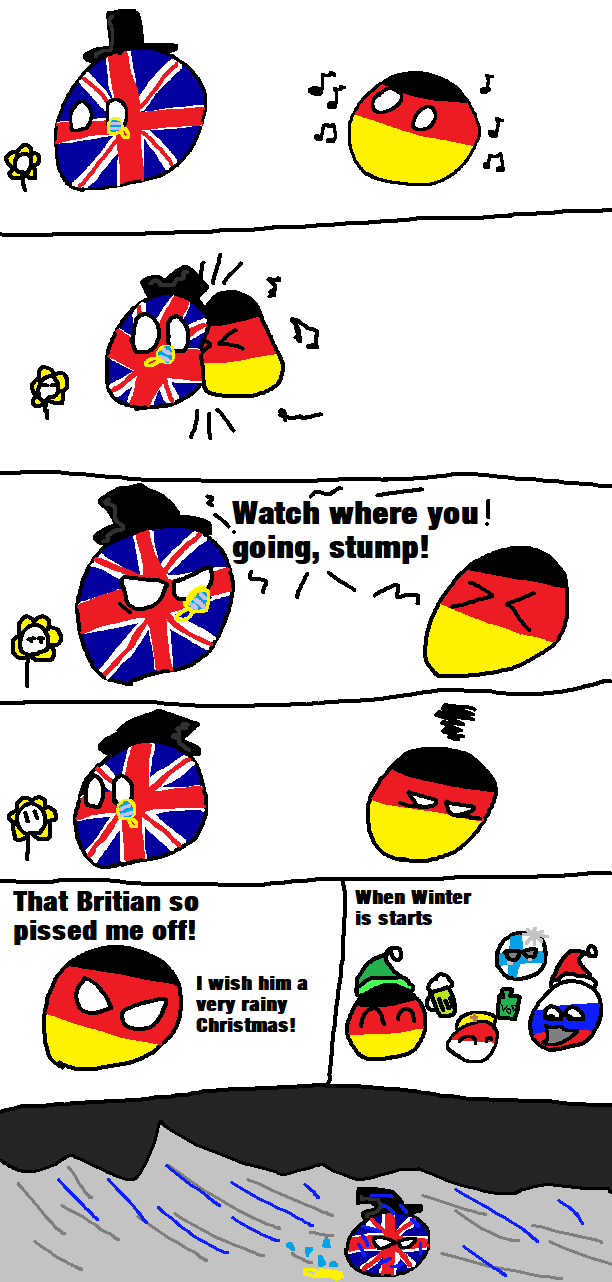 A four-panel cartoon depicts a German ball character (with black, red, and yellow stripes) dancing joyfully while a British…