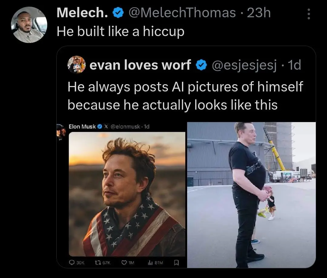 A screenshot of a Twitter thread shows a tweet from 'Melech.' saying 'He built like a hiccup,' followed by a reply from…