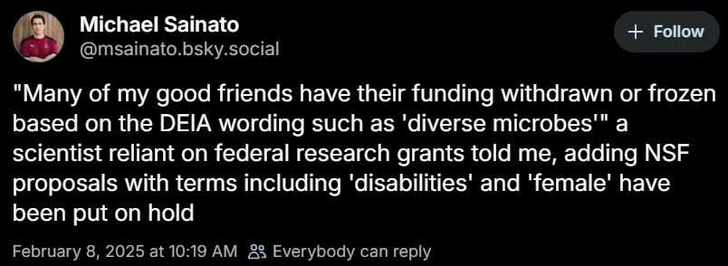 A screenshot of a Bluesky social media post by user Michael Sainato, featuring a black background with white text. The text…