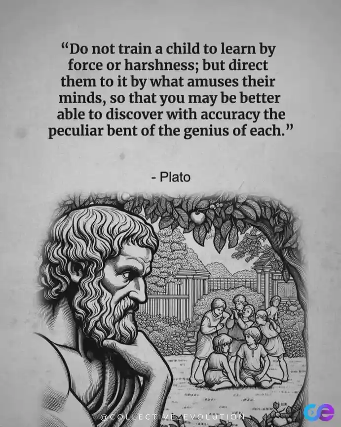 A black-and-white illustration shows a bearded philosopher, identified as Plato, looking thoughtfully toward a group of…