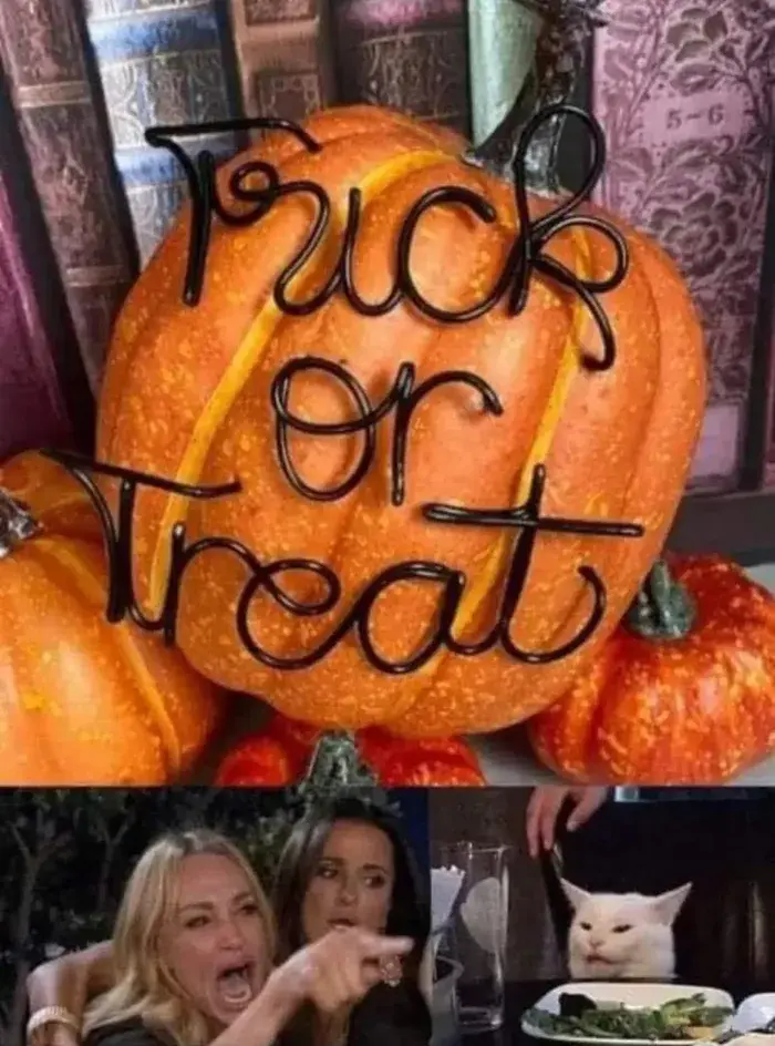 A large orange pumpkin with the words 'Trick or Treat' written in black icing sits among smaller pumpkins. Below, a split…