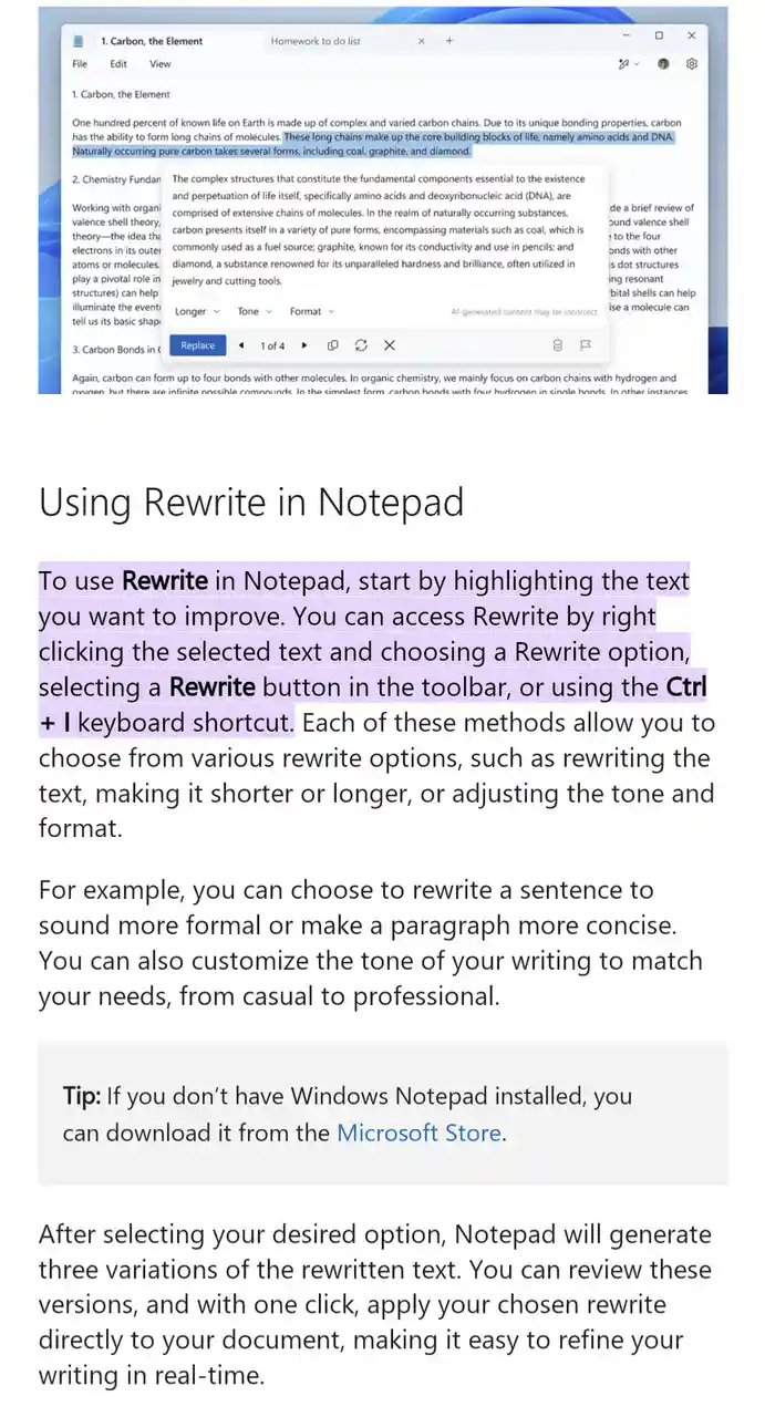 The image shows a screenshot of a Windows Notepad window with a text document titled '1. Carbon, the Element'. A highlighted…