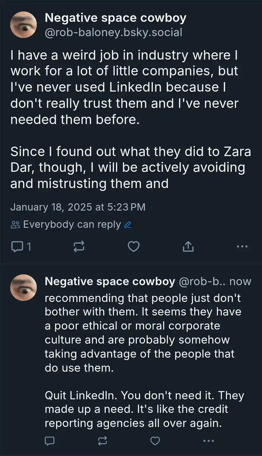 A screenshot of two consecutive posts from a user named 'Negative space cowboy' on a dark-themed social media platform. The…