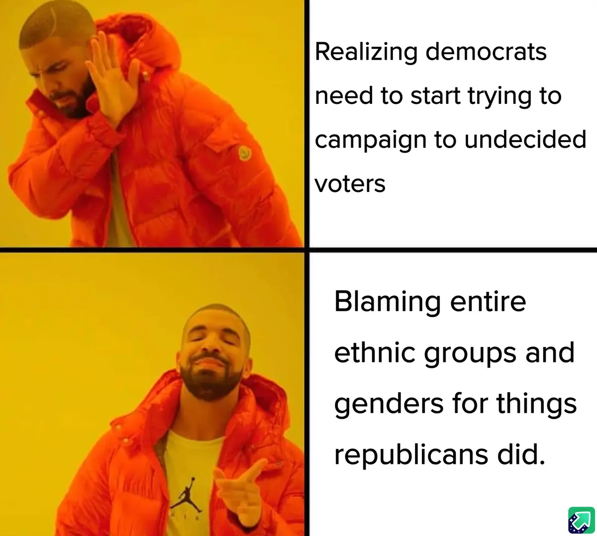 The image is a two-panel meme featuring rapper Drake. In the top panel, he covers his ears with a pained expression, while…