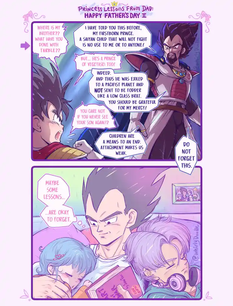 A two-panel comic strip featuring Dragon Ball characters. The top panel shows Vegeta angrily lecturing a younger Goku about…