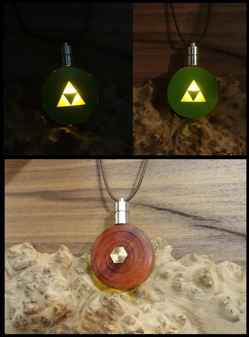 A three-panel image shows a wooden pendant necklace with a glowing yellow Triforce symbol on a green background in the top…