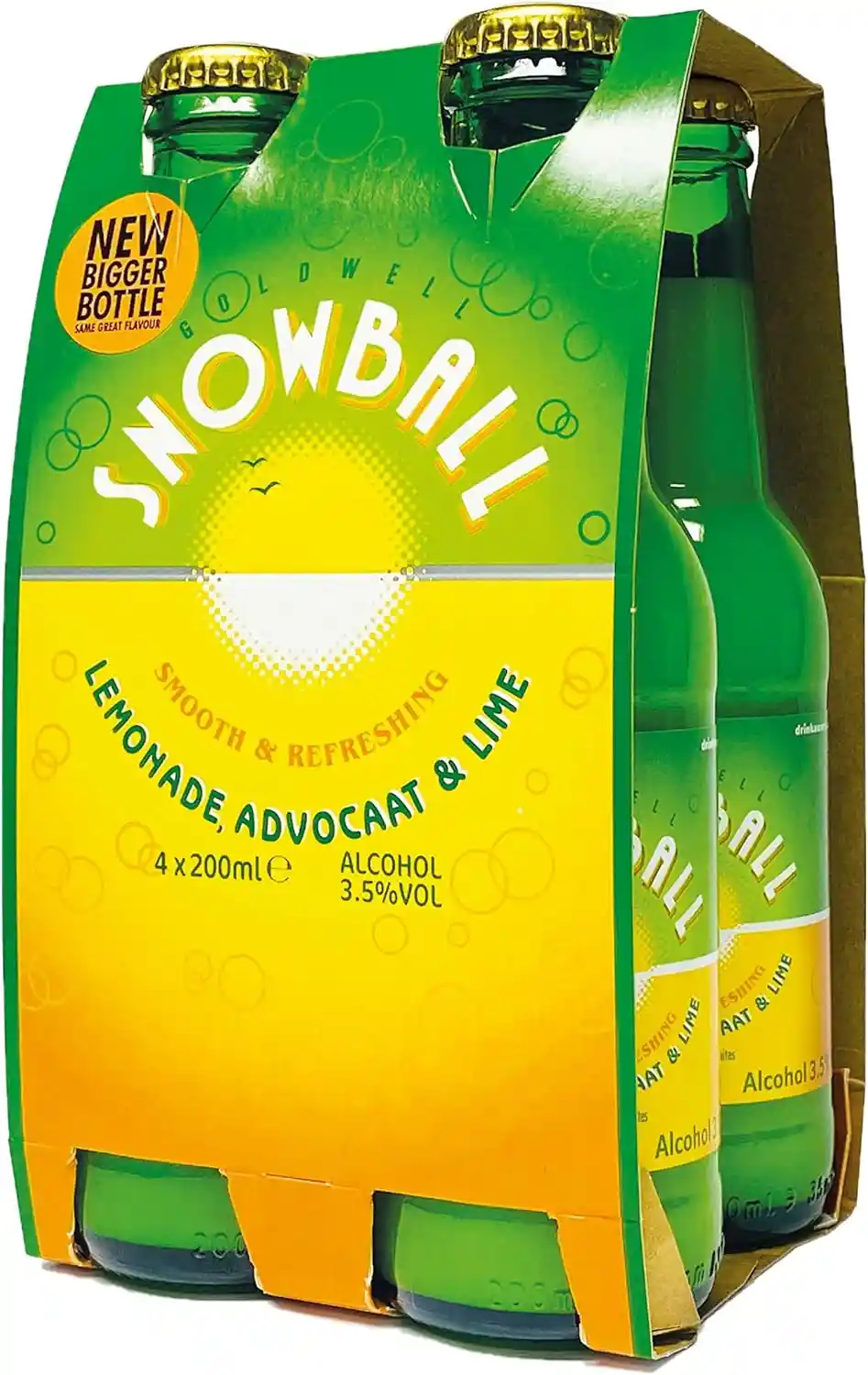 A four-pack of Goldwell Snowball lemonade, advocaat & lime drink in green bottles, with a bright green and yellow cardboard…