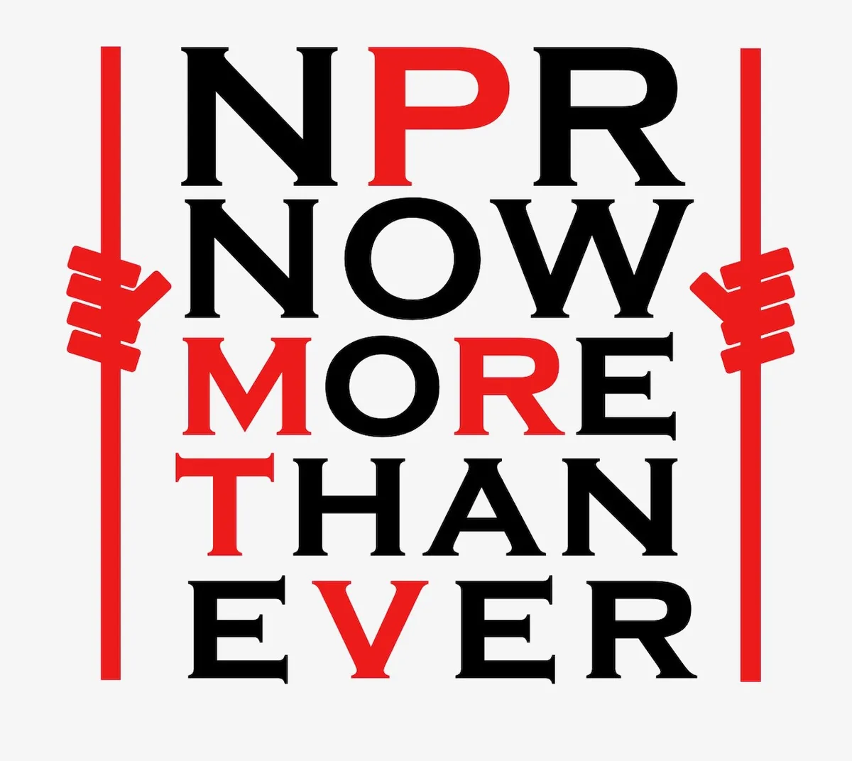 The image displays the text 'NPR NOW MORE THAN EVER' in bold black and red letters, flanked by two red stylized hands…