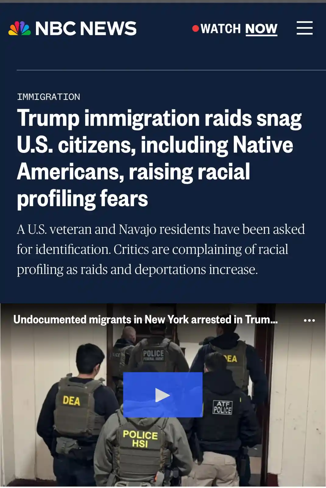 An NBC News article screenshot shows a headline about Trump immigration raids targeting U.S. citizens, including Native…