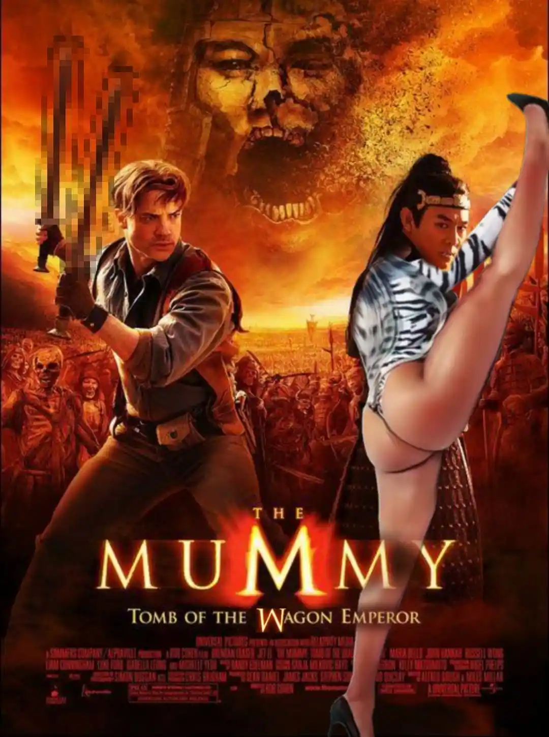 A movie poster for 'The Mummy' has been edited to feature a man holding a sword and a woman in a tiger-print bodysuit and…