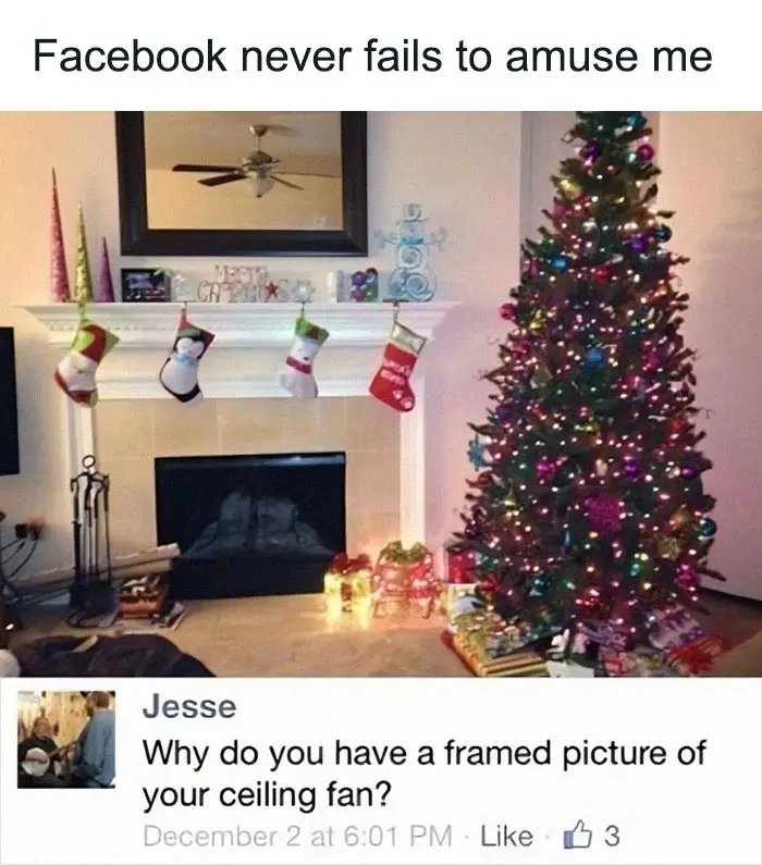 A festive living room with a decorated Christmas tree and stockings on a fireplace mantel, overlaid with a Facebook post…