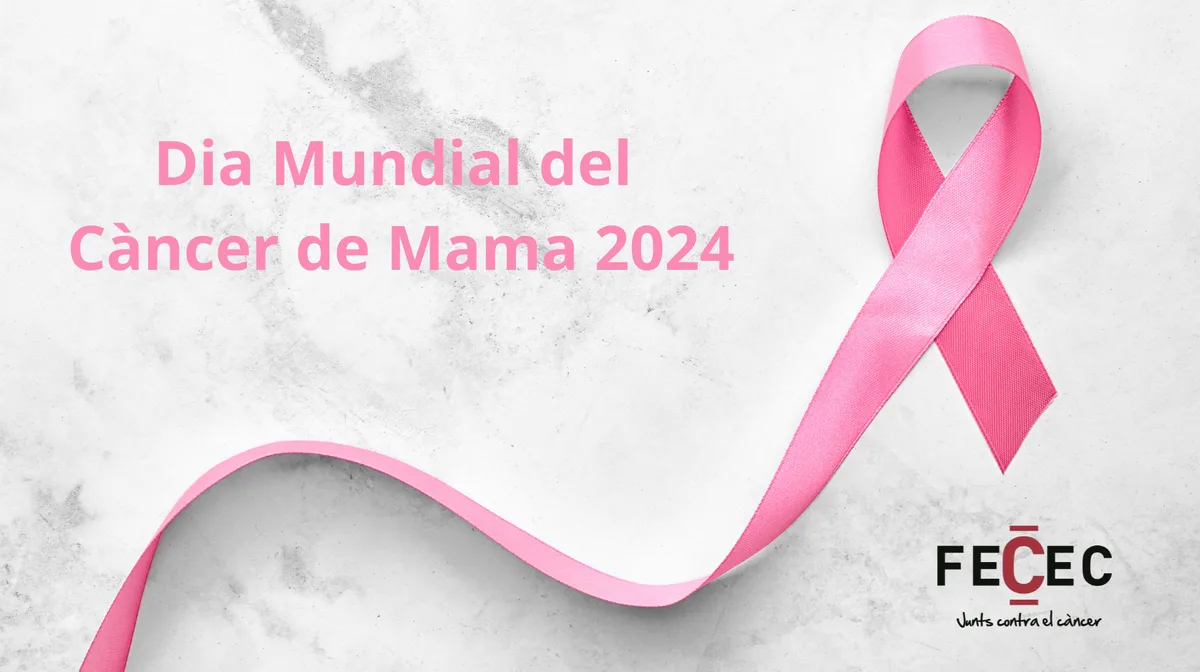 A pink ribbon, symbolizing breast cancer awareness, is displayed on a white marble background. The text 'Dia Mundial del…