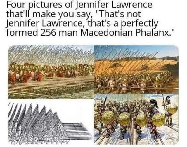 The image displays four panels showing ancient Macedonian phalanx formations, including illustrations of soldiers in battle…