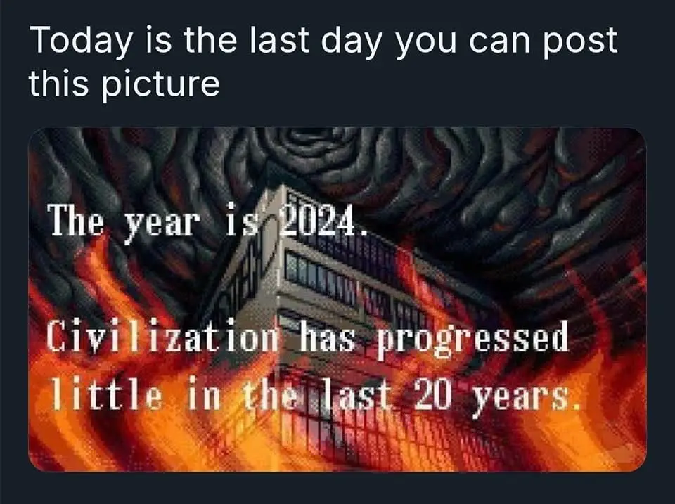 A pixelated image of a building engulfed in flames under dark, swirling skies, overlaid with white text stating 'Today is…