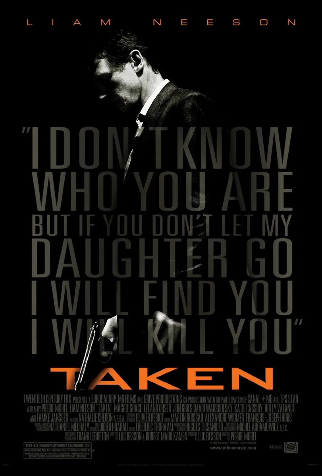 A black-and-white movie poster for 'Taken' featuring Liam Neeson in a suit, looking down with a gun in his hand. The poster…