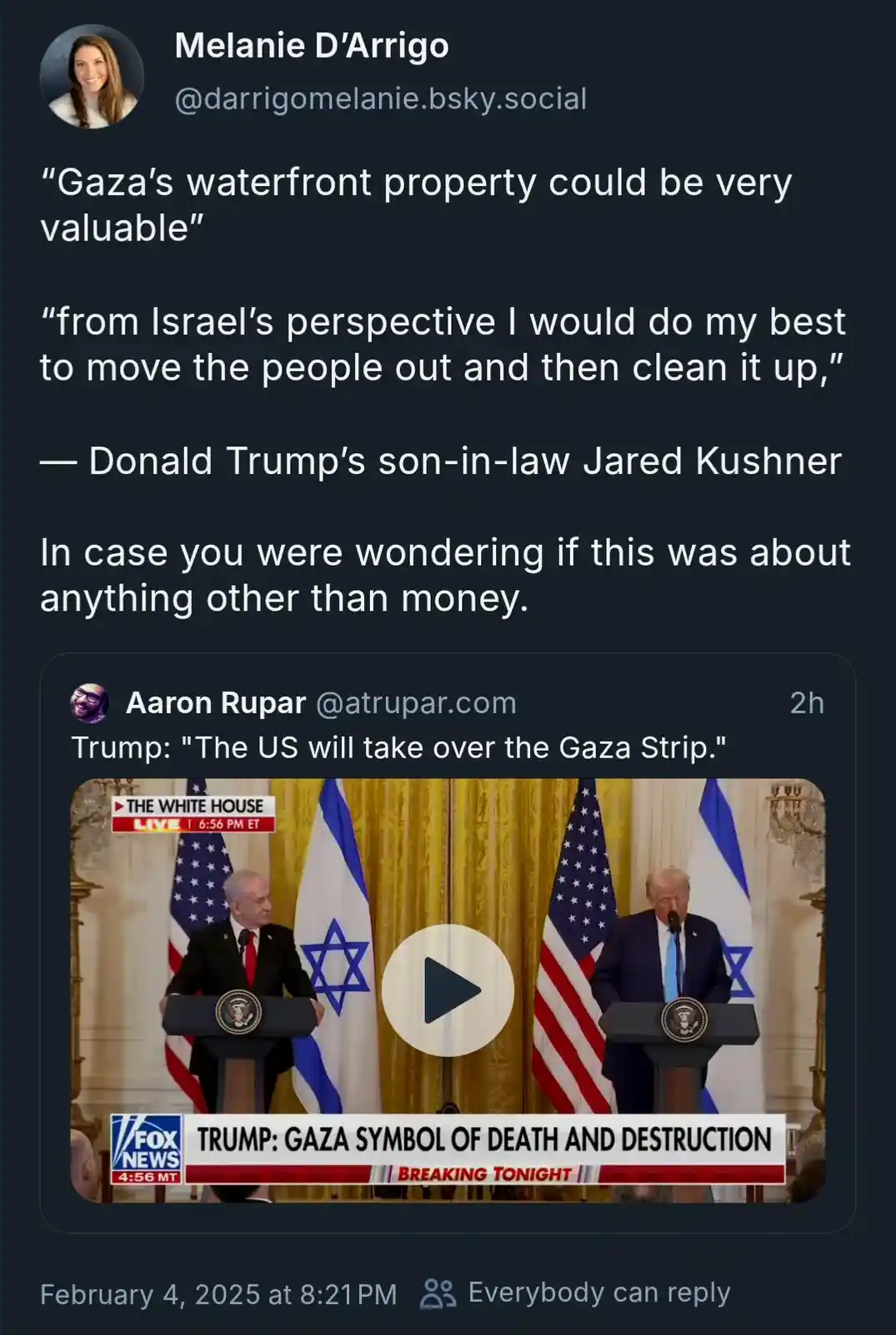 A screenshot of a social media post showing a video thumbnail of Donald Trump and Benjamin Netanyahu at a joint press…