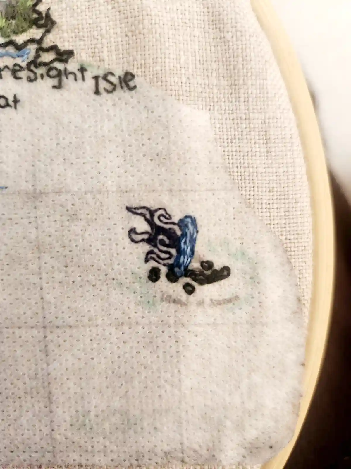 A close-up of an embroidery hoop containing a beige fabric with stitched text reading 'resight ISle' and a small, crudely…