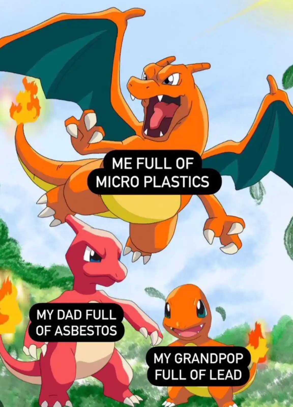 The image shows three Charizard Pokémon from different generations, arranged vertically. The top Charizard has text overlaid…