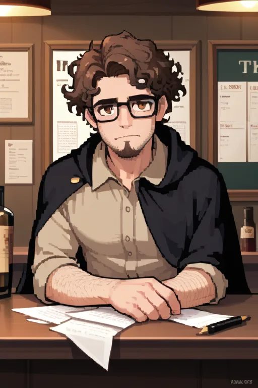 An illustrated man with curly brown hair, glasses, and a goatee sits at a wooden desk with scattered papers and a pen. He…