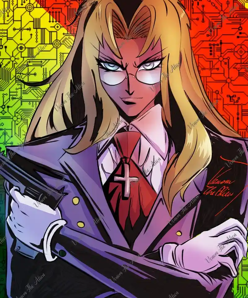 An anime-style illustration of a blonde woman with glasses, wearing a purple coat over a white shirt and red tie with a…