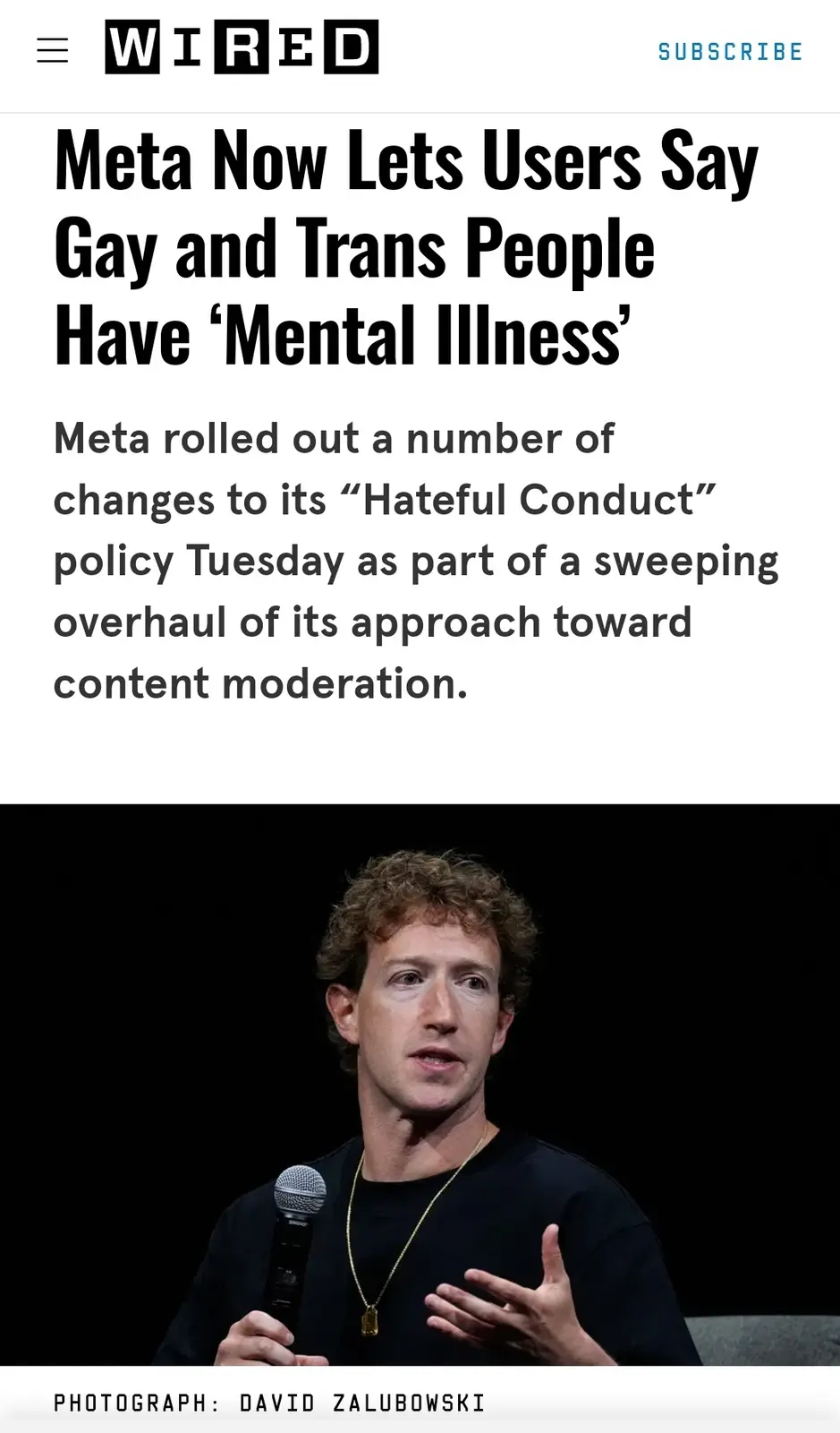 The image shows a screenshot of a WIRED article with a headline that reads 'Meta Now Lets Users Say Gay and Trans People…
