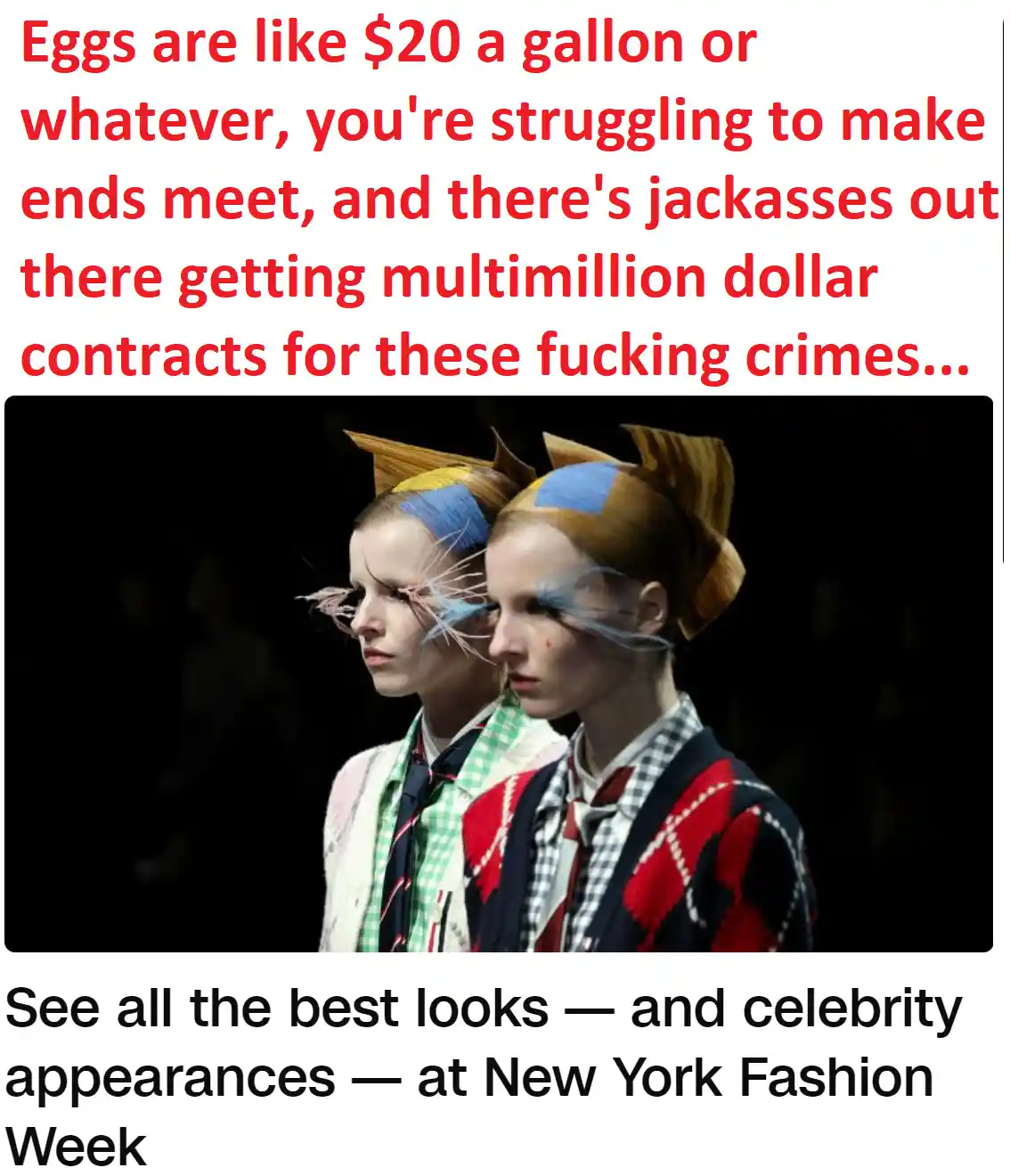 Two models with elaborate, colorful headpieces and stylized makeup stand side by side on a runway. The image is overlaid…
