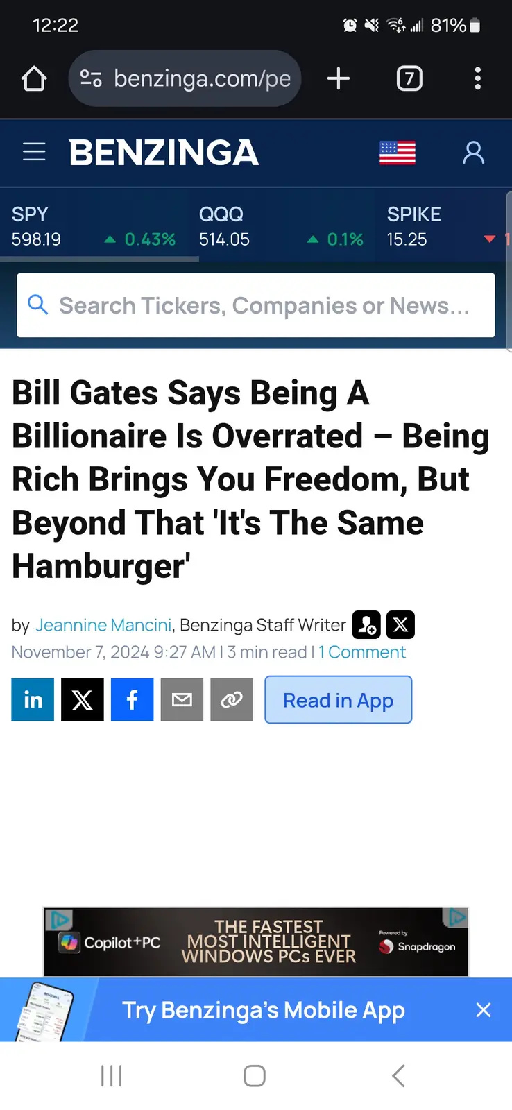 A screenshot of a Benzinga.com news article titled 'Bill Gates Says Being A Billionaire Is Overrated – Being Rich Brings You…