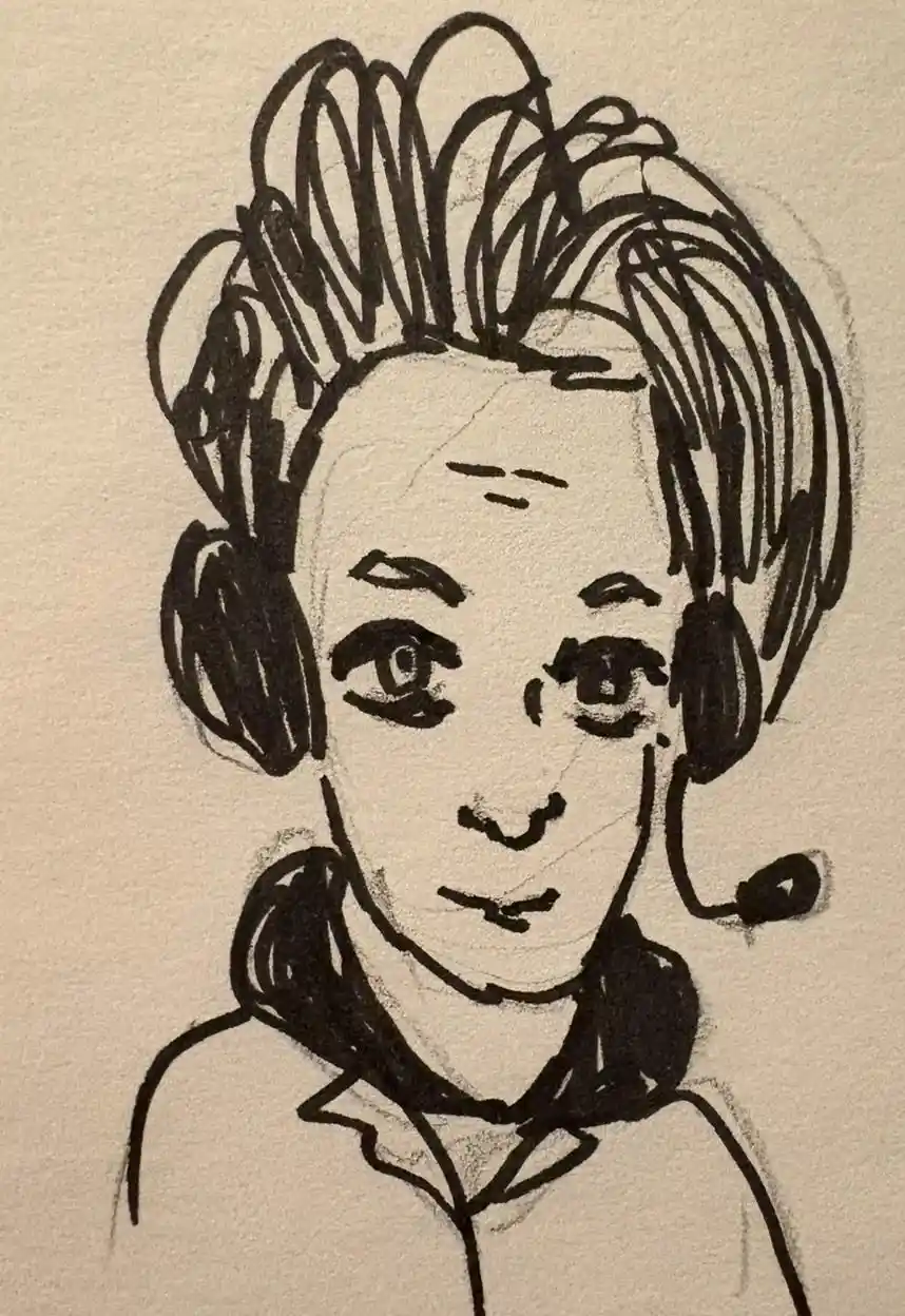 A black-and-white sketch shows a person with messy hair wearing a headset with a microphone, looking directly at the viewer…