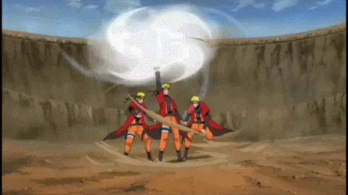 Five frames show a ninja in an orange and red outfit spinning rapidly in a circular motion, generating a large white energy…
