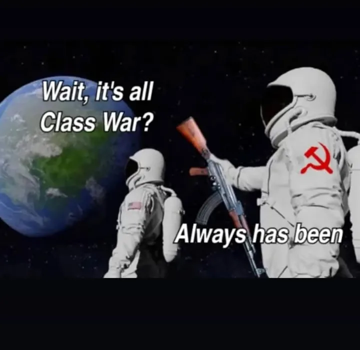 Two astronauts float in space near Earth; one wears a spacesuit with a U.S. flag patch, the other has a red hammer and…