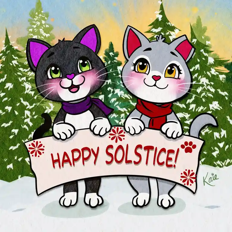 Two cartoon cats, one black with purple ears and one gray with pink ears, stand in a snowy forest holding a banner that…