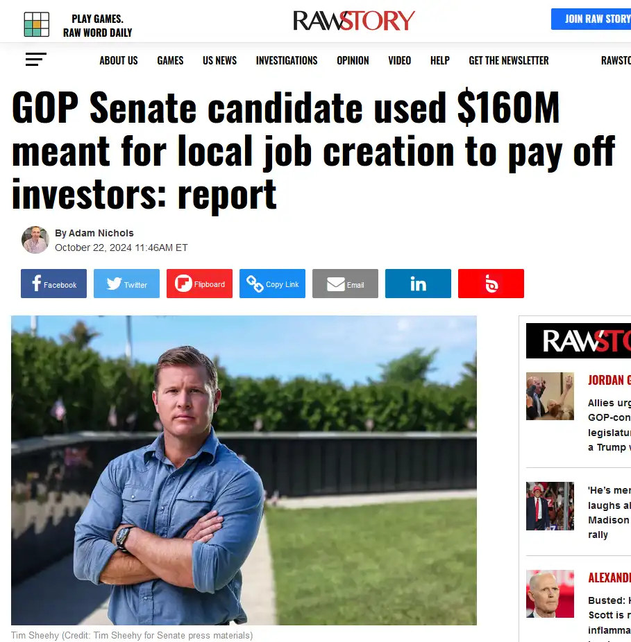 A screenshot of a RawStory news article featuring a photo of Tim Sheehy, a man in a blue shirt with arms crossed, standing…