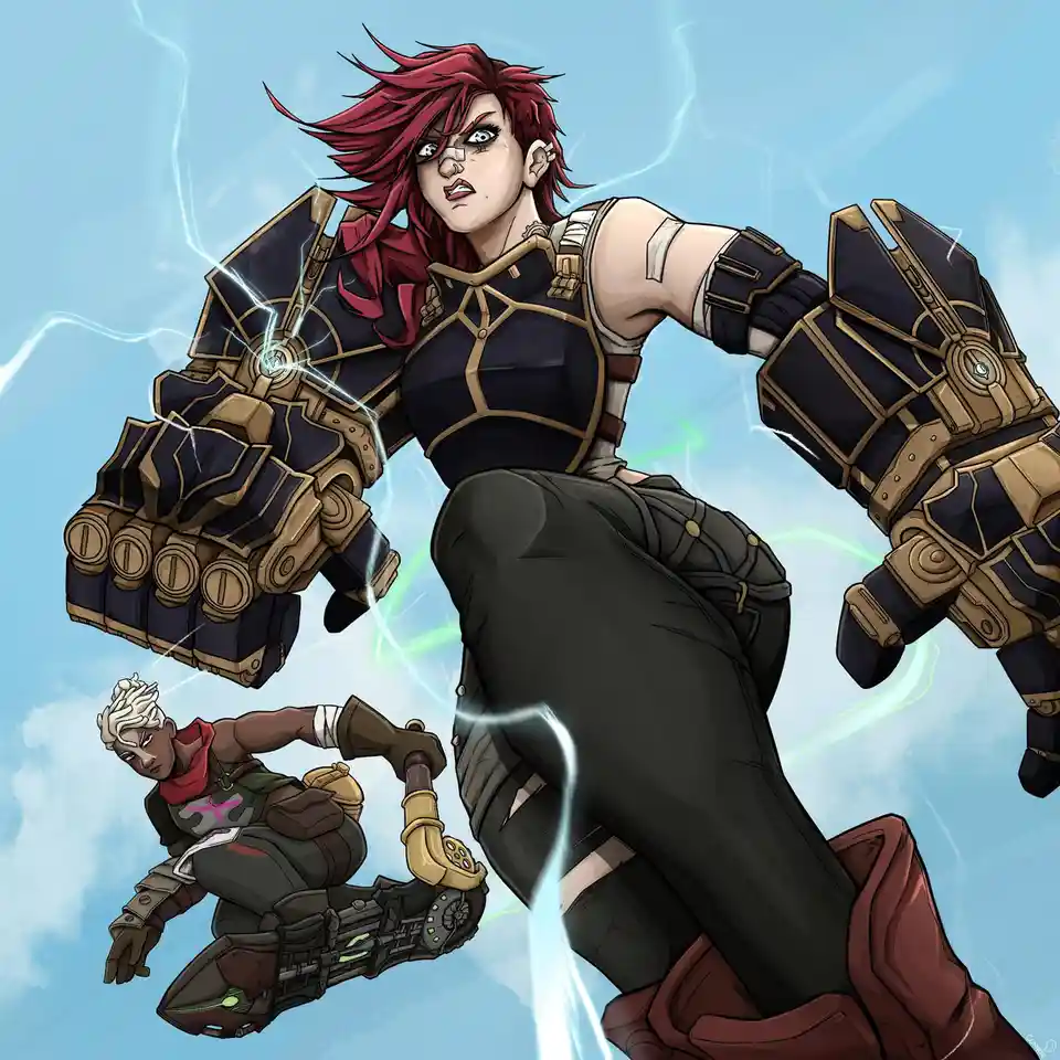 A large, red-haired woman in black and gold armor with glowing gauntlets and lightning effects dominates the image, looming…