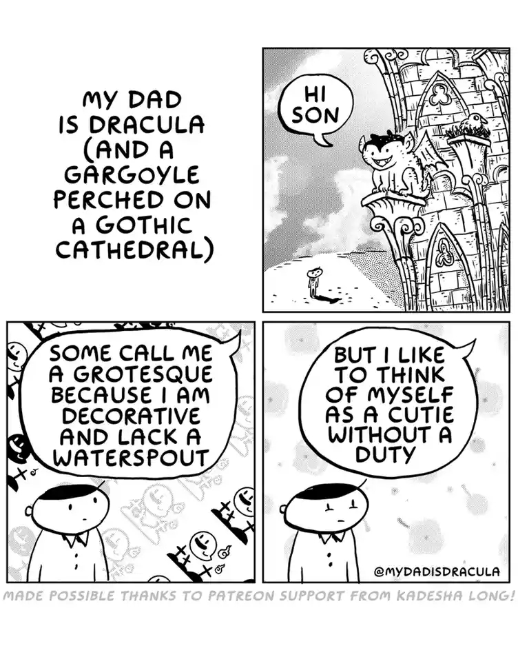 A four-panel comic strip where a gargoyle perched on a gothic cathedral greets a small figure below. The gargoyle then…