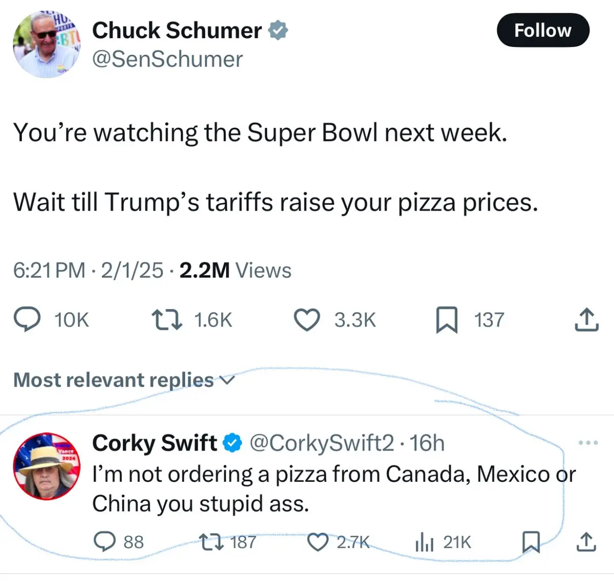 A screenshot of a Twitter post by Chuck Schumer, who says 'You're watching the Super Bowl next week. Wait till Trump's…
