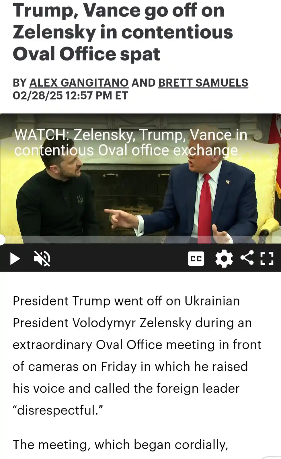 A screenshot of a news article shows a video player with Donald Trump pointing and speaking animatedly to Volodymyr Zelensky…