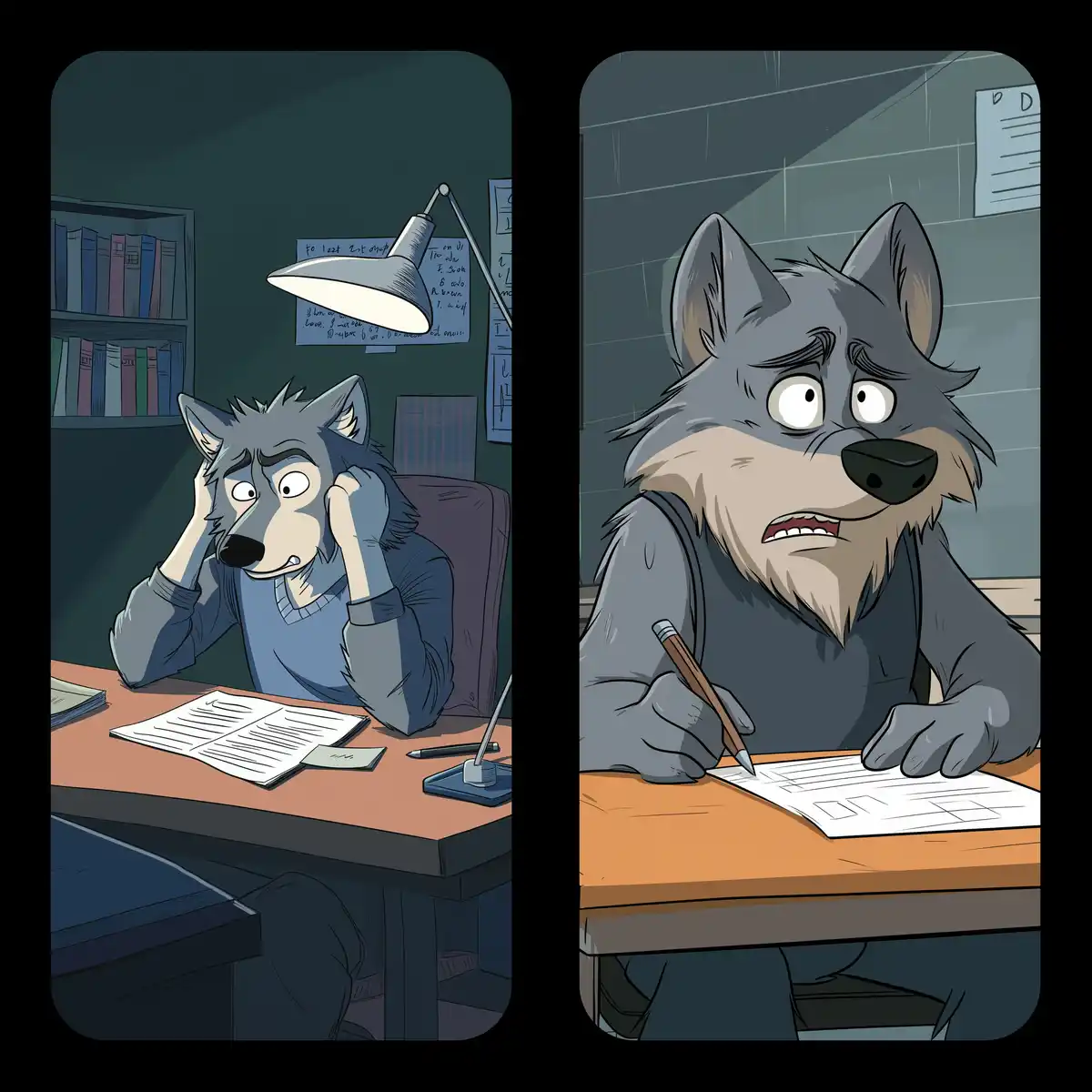 Two panels show an anthropomorphic wolf studying at a desk under a lamp, looking exhausted and stressed. In the second…