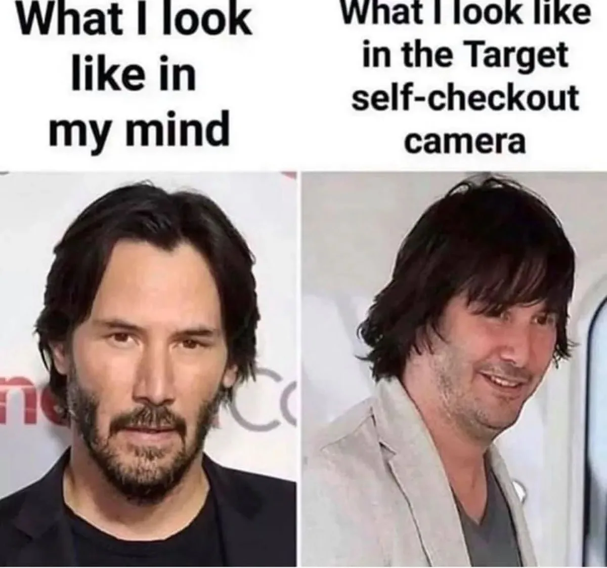 The image is a split-screen meme featuring actor Keanu Reeves. The left panel shows him with styled hair and a neat beard…