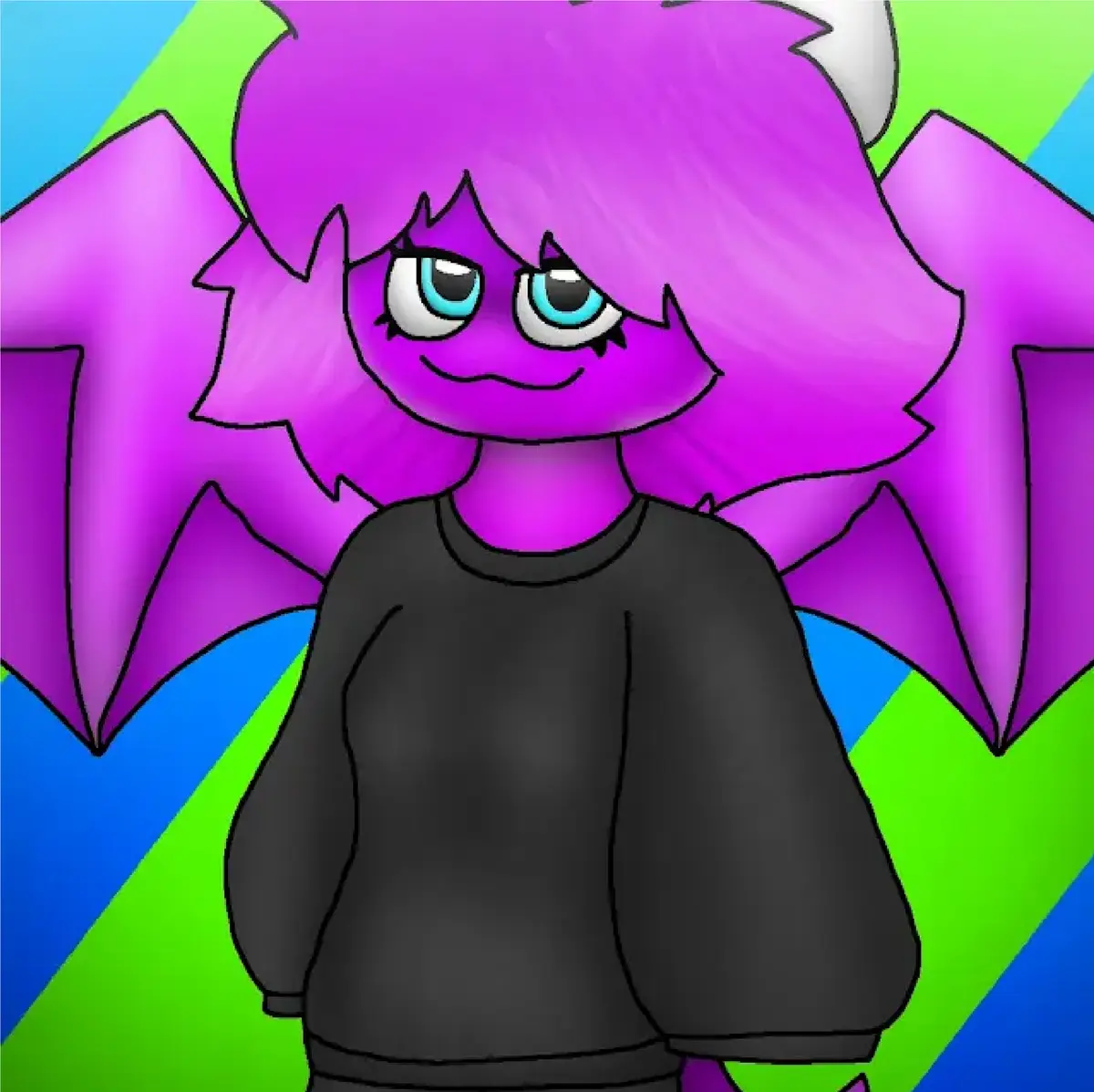 A cartoon character with purple skin, spiky purple hair, and large blue eyes wears a black sweatshirt and has purple…
