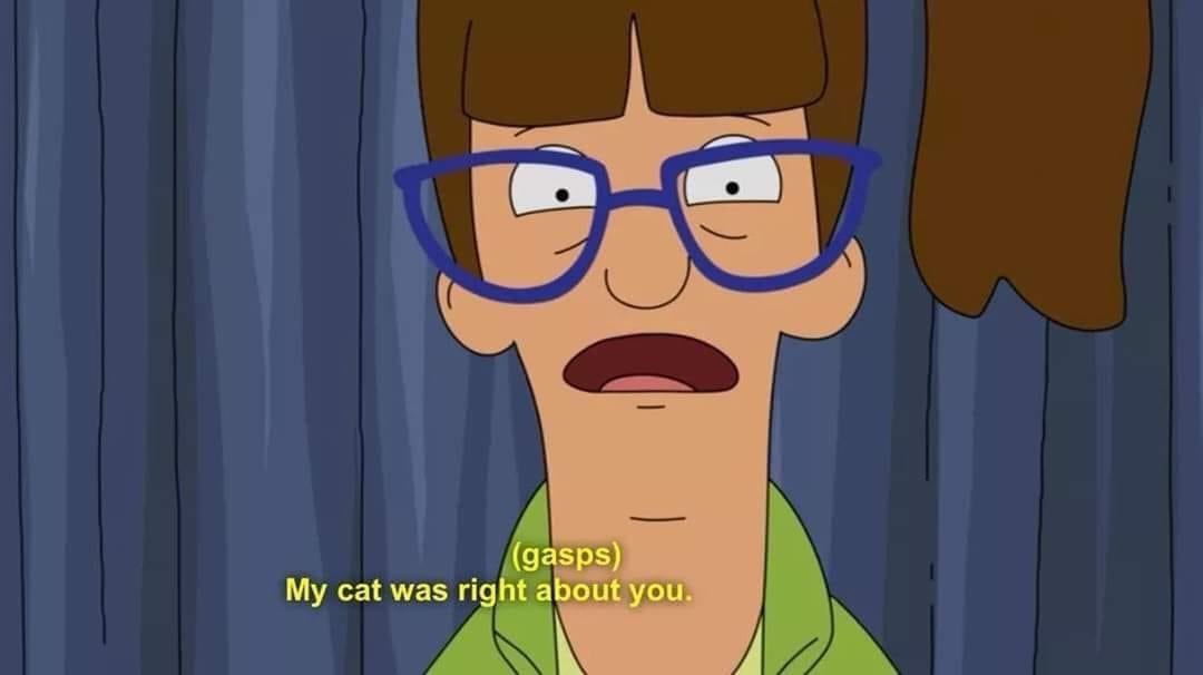 A cartoon character with brown hair, blue glasses, and a green shirt stands in front of blue curtains, mouth open in shock…
