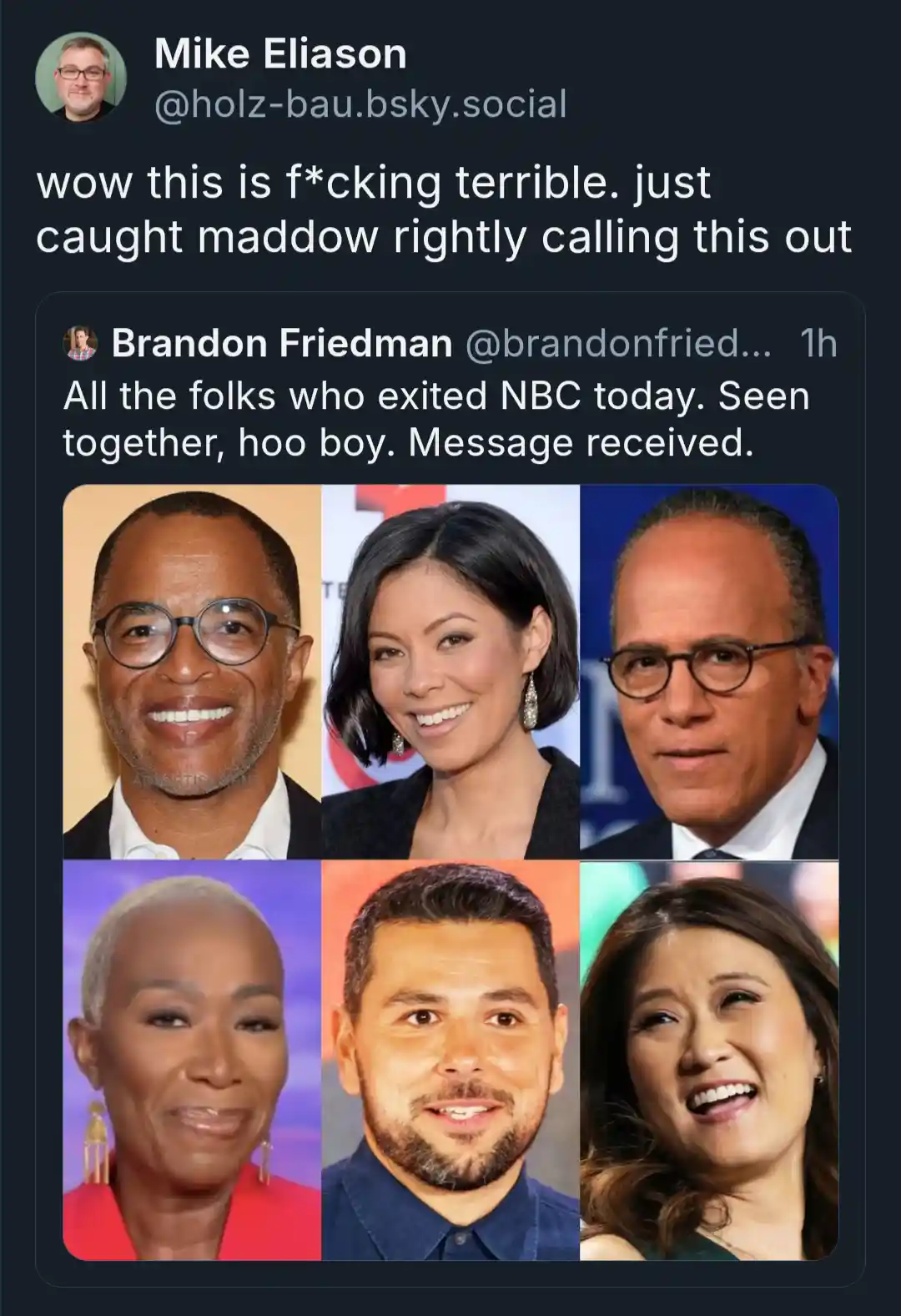 A screenshot of a social media post by Brandon Friedman showing a collage of six smiling public figures, with the overlaid…