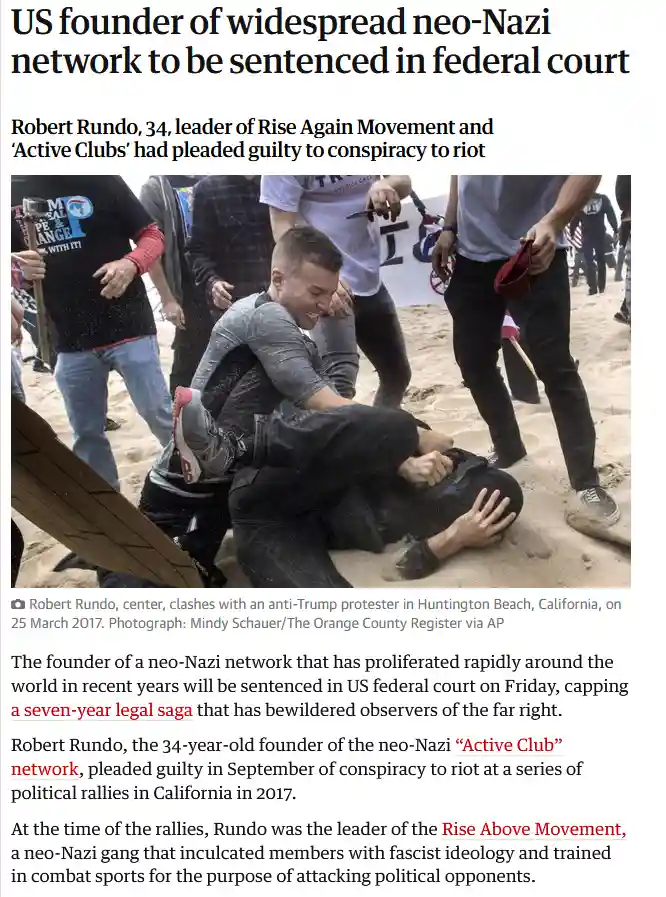 A news article screenshot shows a photo of Robert Rundo, center, physically grappling with an anti-Trump protester on a…