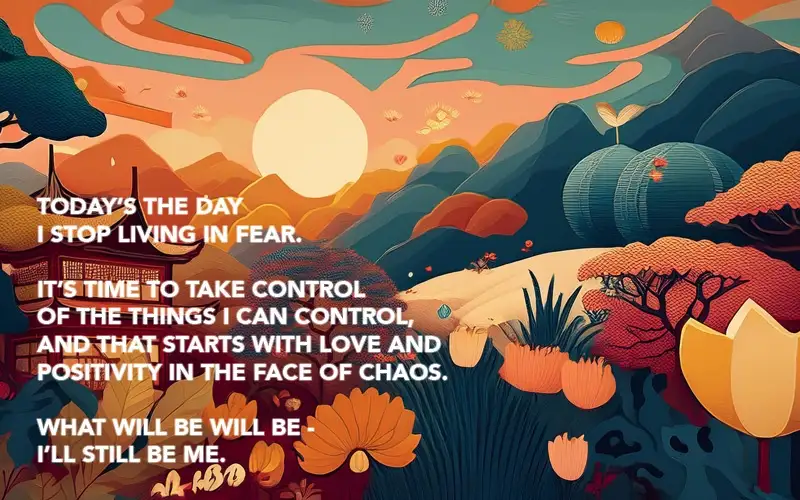 A stylized, colorful illustration of a serene, fantastical landscape with mountains, trees, and a large sun or moon…