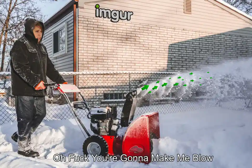 A person in a black winter jacket and orange gloves operates a red snowblower in a snowy yard, looking distressed as the…