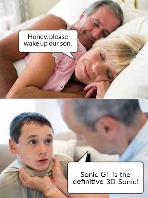 Top panel: A smiling older couple in bed, the woman says 'Honey, please wake up our son.' Bottom panel: A young boy looks…